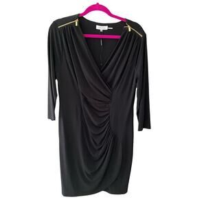 Calvin Klein Sheath Dress Womens L Black Front Ruched Waist 3/4 Sleeve Polyester
